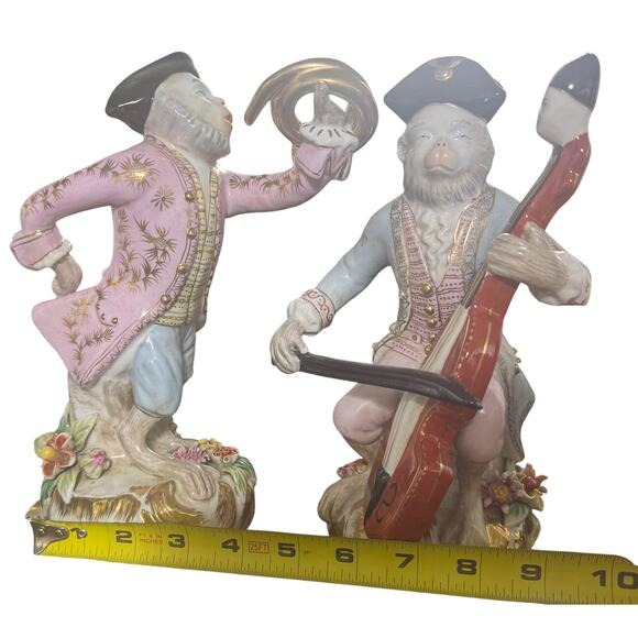 Meissen Style French Porcelain Monkey Band Figurines Set (2) - Picture 2 of 3